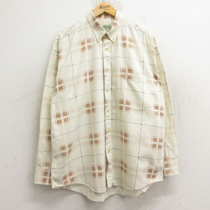 XL★古着 長袖 シャツ メンズ 90年代 90s コットン ボタンダウン 生成り他 チェック 24dec23 中古 トップス