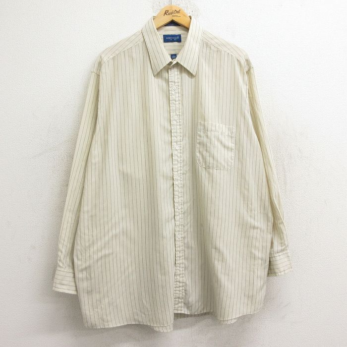 【50%OFF】XL★古着 タウンクラフト 長袖 シャツ メンズ 90年代 90s 大きいサイズ ロング丈 薄ベージュ他 カーキ ストライプ 24dec23 中古 トップス