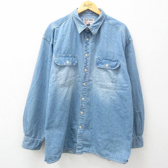 【20%OFF】XL★古着 オールドネイビー OLD NAVY 長袖 シャツ メンズ 00年代 00s 大きいサイズ ロング丈 コットン 紺 ネイビー デニム 25jan16 中古 トップス