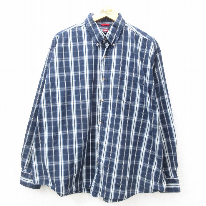 【50%OFF】XL★古着 ラングラー Wrangler 長袖 シャツ メンズ 大きいサイズ コットン ボタンダウン 紺他 ネイビー チェック 25jan16 中古 トップス