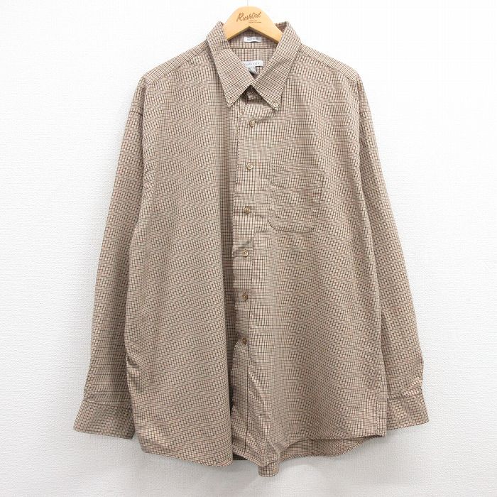 XL★古着 バンヒューセン 長袖 シャツ メンズ 大きいサイズ ロング丈 コットン ボタンダウン ベージュ他 カーキ チェック 25jan17 中古 トップス