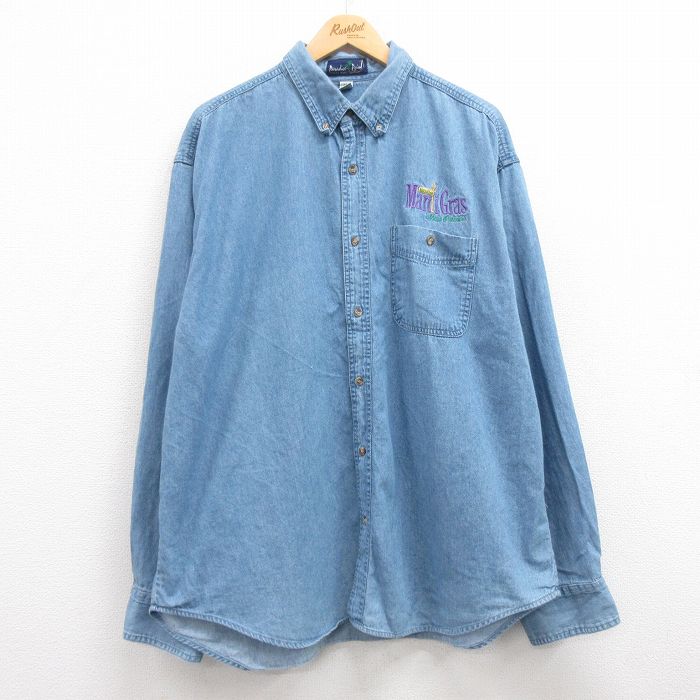 XL★古着 長袖 シャツ メンズ 00年代 00s マルディグラ 大きいサイズ ロング丈 コットン ボタンダウン 紺 ネイビー デニム 25jan17 中古 トップス