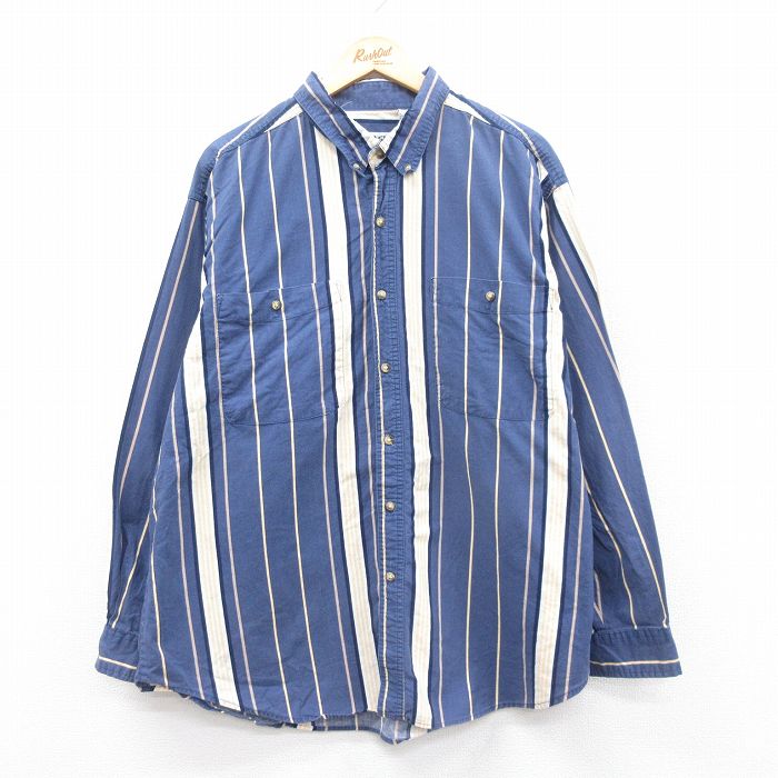 XL★古着 ベーシックエディションズ 長袖 シャツ メンズ 00年代 00s 大きいサイズ コットン ボタンダウン 紺他 ネイビー ストライプ 25jan18 中古 トップス