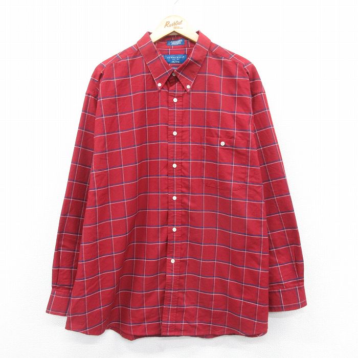 【50%OFF】XL★古着 タウンクラフト 長袖 シャツ メンズ 90年代 90s 大きいサイズ ロング丈 ボタンダウン 赤 レッド チェック 25jan18 中古 トップス