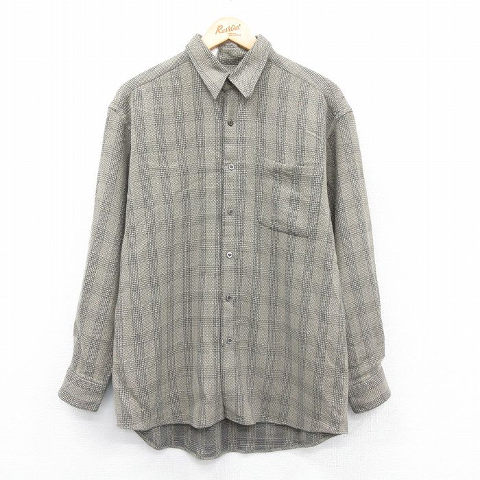 【50%OFF】L★古着 長袖 シャツ メンズ イタリア製 ベージュ他 カーキ チェック 25jan18 中古 トップス
