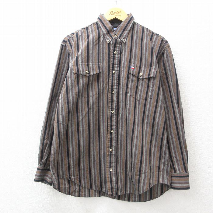 XL★古着 長袖 シャツ メンズ 90年代 90s コットン ボタンダウン USA製 茶他 ブラウン ストライプ 25jan22 中古 トップス