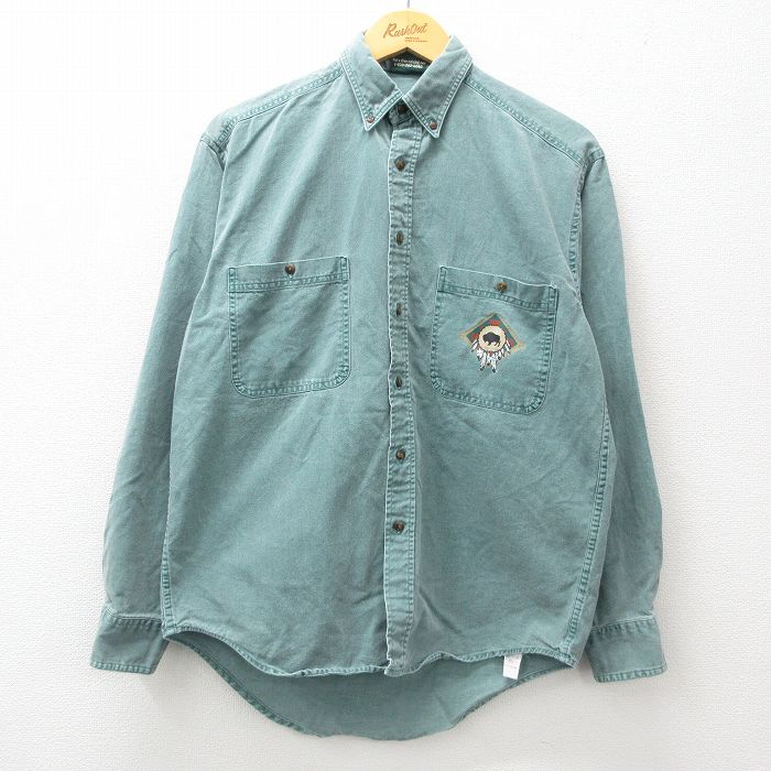 L★古着 長袖 シャツ メンズ 90年代 90s バッファロー コットン ボタンダウン USA製 緑 グリーン デニム 25jan22 中古 トップス