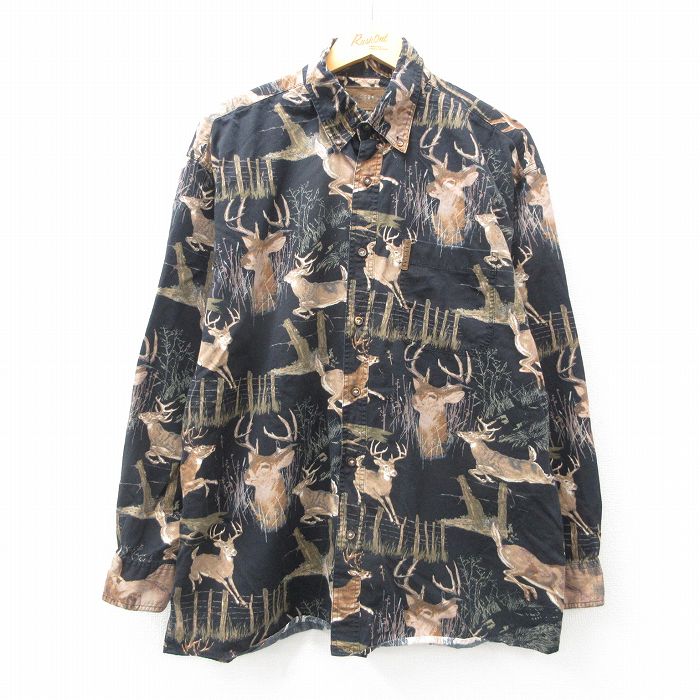 L★古着 長袖 シャツ メンズ 00年代 00s シカ コットン ボタンダウン 黒他 ブラック 25jan22 中古 トップス