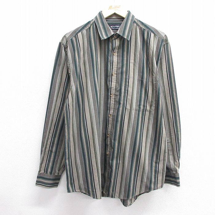 【20%OFF】L★古着 ピューリタン 長袖 シャツ メンズ 00年代 00s 緑他 グリーン ストライプ 25jan22 中古 トップス