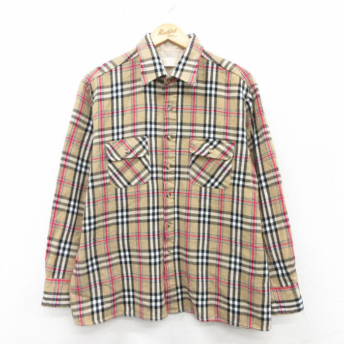 【20%OFF】L★古着 長袖 シャツ メンズ 00年代 00s ベージュ他 カーキ チェック 25jan25 中古 トップス