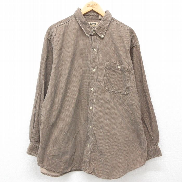XL★古着 長袖 シャツ メンズ コーデュロイ 大きいサイズ ロング丈 コットン ボタンダウン 茶他 ブラウン 25jan25 中古 トップス