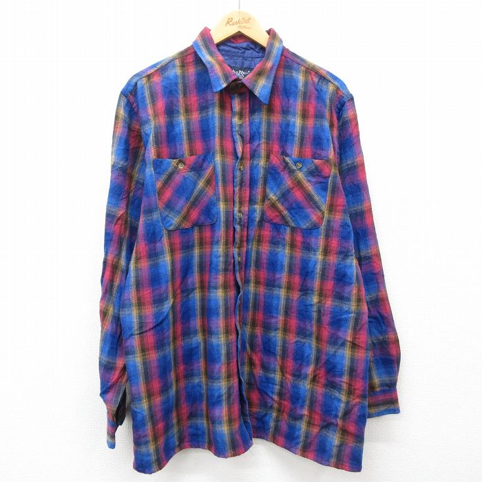 【50%OFF】XL★古着 長袖 シャツ メンズ ロング丈 青他 ブルー チェック 25jan25 中古 トップス