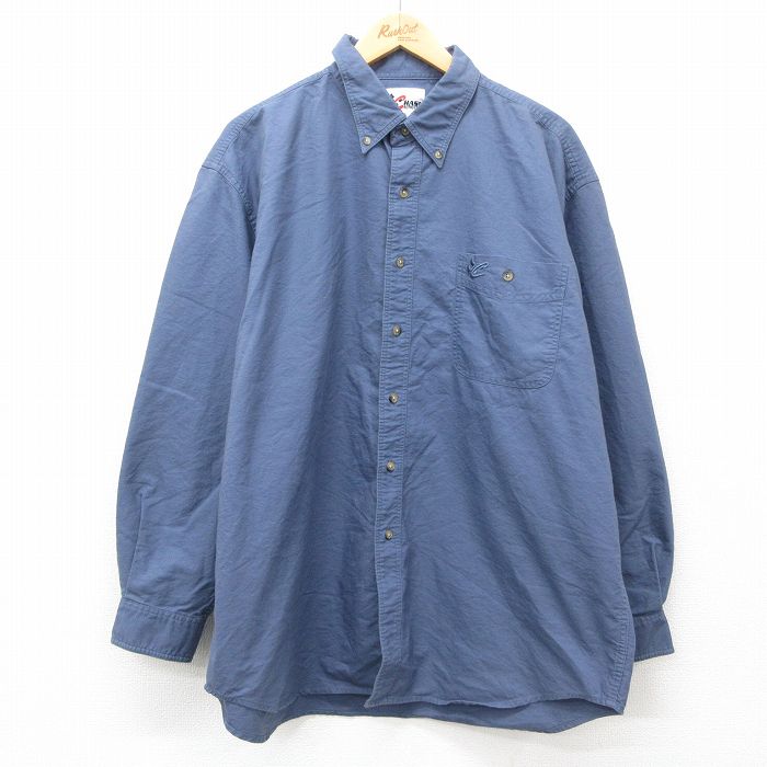 XL★古着 長袖 シャツ メンズ 大きいサイズ ロング丈 コットン ボタンダウン 紺 ネイビー 25jan25 中古 トップス