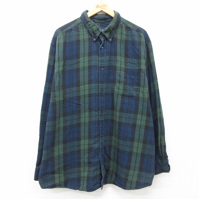 【50%OFF】XL★古着 セントジョンズベイ 長袖 シャツ メンズ 大きいサイズ ロング丈 コットン ボタンダウン 緑他 グリーン タータン チェック ブラックウォッチ 25jan25 中古 トップス