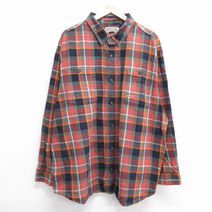 【20%OFF】XL★古着 長袖 シャツ メンズ 大きいサイズ ロング丈 コットン ボタンダウン 緑他 グリーン チェック 25jan29 中古 トップス