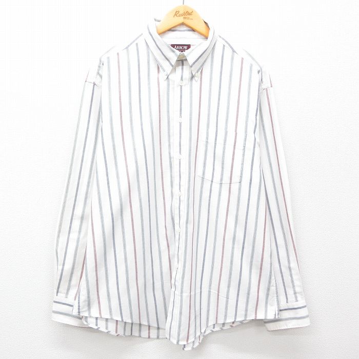 【50%OFF】XL★古着 アロー 長袖 シャツ メンズ 90年代 90s 大きいサイズ ボタンダウン USA製 白他 ホワイト ストライプ 25feb06 中古 トップス