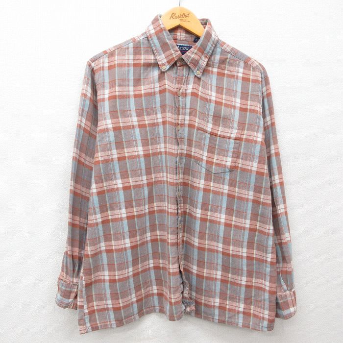 XL★古着 アロー 長袖 シャツ メンズ 90年代 90s 大きいサイズ コットン ボタンダウン 茶他 ブラウン チェック 25feb06 中古 トップス