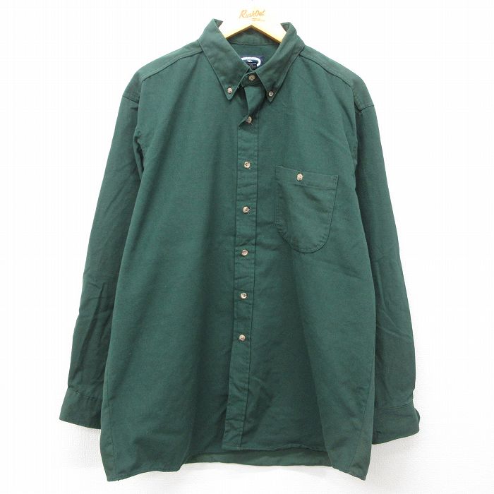 XL★古着 長袖 シャツ メンズ 80年代 80s 大きいサイズ ロング丈 コットン ボタンダウン USA製 緑 グリーン 25feb06 中古 トップス