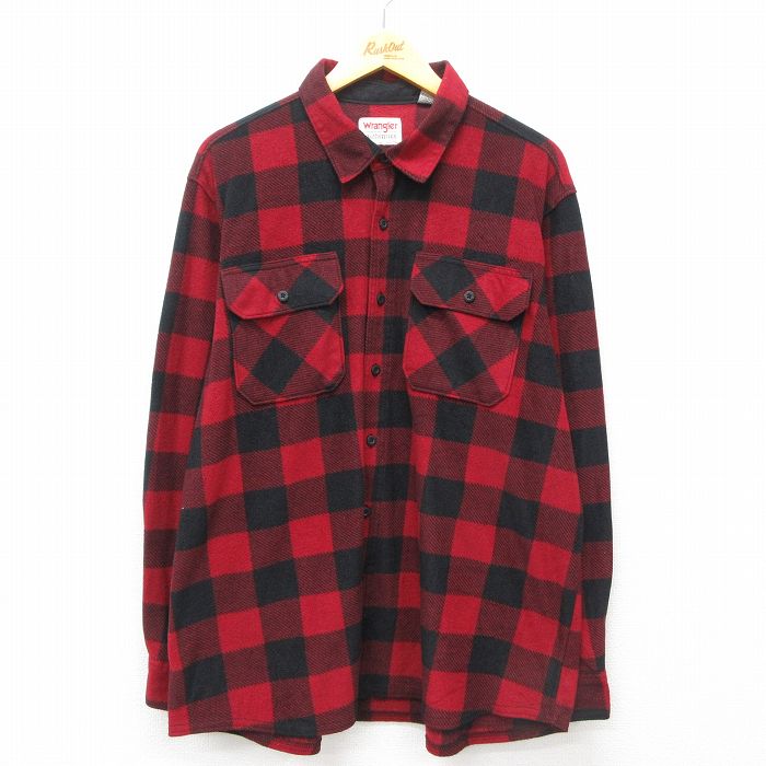 XL★古着 ラングラー Wrangler 長袖 フリース シャツ メンズ 大きいサイズ 赤他 レッド バッファロー チェック 25feb06 中古 トップス