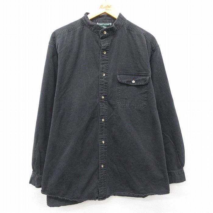 XL★古着 長袖 シャツ メンズ 大きいサイズ コットン ノーカラー 黒 ブラック デニム 25feb06 中古 トップス