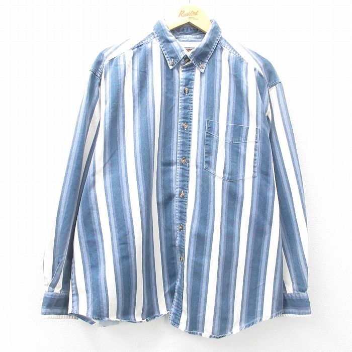 XL★古着 ルート66 長袖 シャツ メンズ 00年代 00s 大きいサイズ コットン ボタンダウン 紺他 ネイビー ストライプ 【spe】 25feb06 中古 トップス