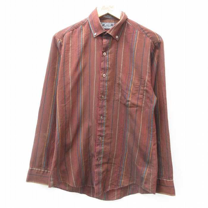 【50%OFF】M★古着 ルティグレ 長袖 シャツ メンズ 80年代 80s ボタンダウン 茶他 ブラウン ストライプ 25feb06 中古 トップス