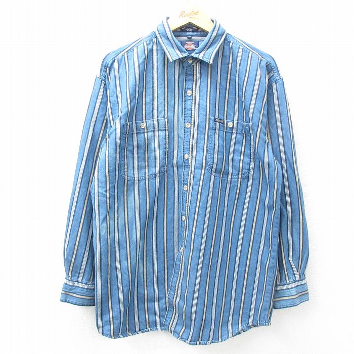 L★古着 ディッキーズ Dickies 長袖 シャツ メンズ コットン 紺他 ネイビー ストライプ 25feb06 中古 トップス