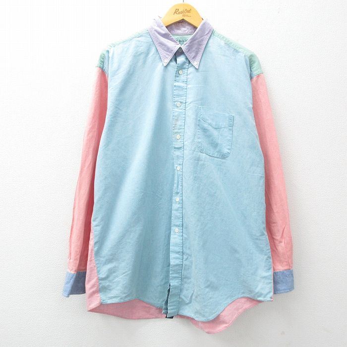 XL★古着 長袖 シャツ メンズ マルチカラー ロング丈 コットン ボタンダウン 薄紺他 ネイビー 【spe】 25feb06 中古 トップス