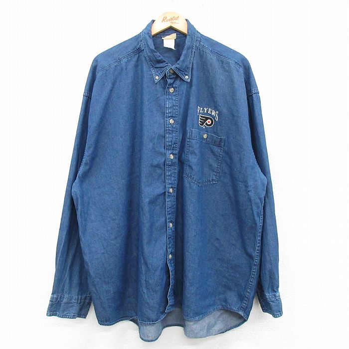XL★古着 長袖 シャツ メンズ 00年代 00s NHL フィラデルフィアフライヤーズ 大きいサイズ コットン ボタンダウン 紺 ネイビー デニム アイスホッケー 【spe】 25feb12 中古 トップス