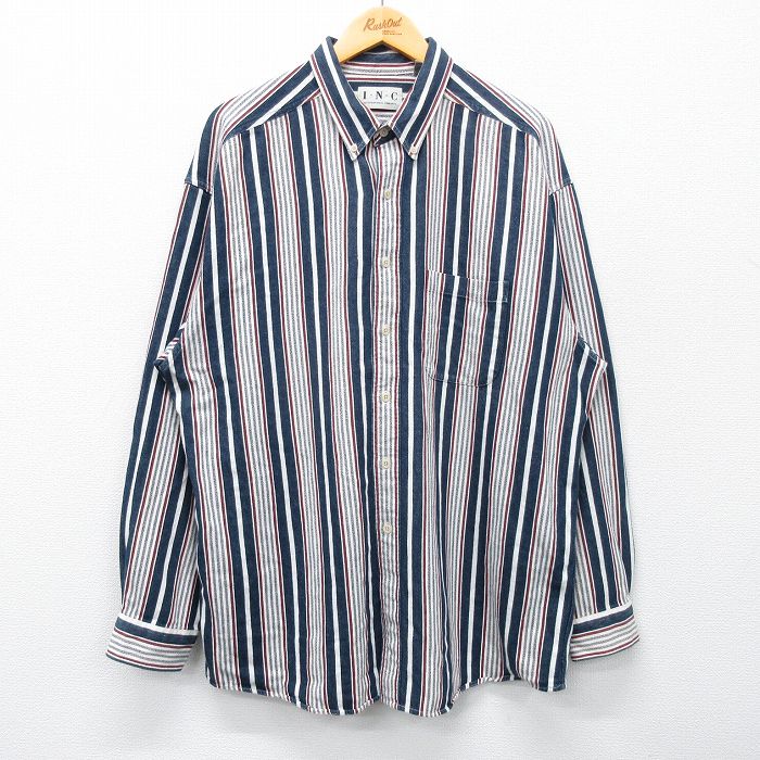【50%OFF】XL★古着 長袖 シャツ メンズ 大きいサイズ ロング丈 コットン ボタンダウン 紺他 ネイビー ストライプ 25feb12 中古 トップス