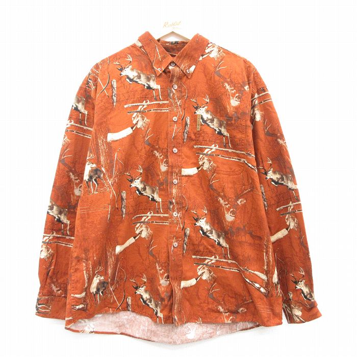 XL★古着 長袖 シャツ メンズ シカ 大きいサイズ コットン ボタンダウン 茶他 ブラウン 25feb10 中古 トップス