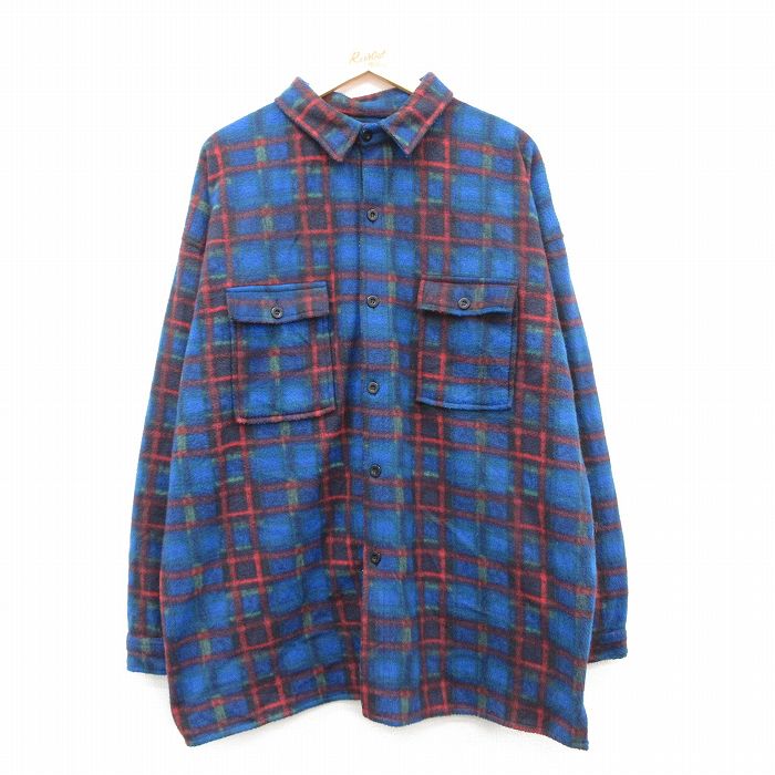 XL★古着 長袖 シャツ メンズ 90年代 90s フリース 大きいサイズ ロング丈 紺他 ネイビー チェック 25feb10 中古 トップス