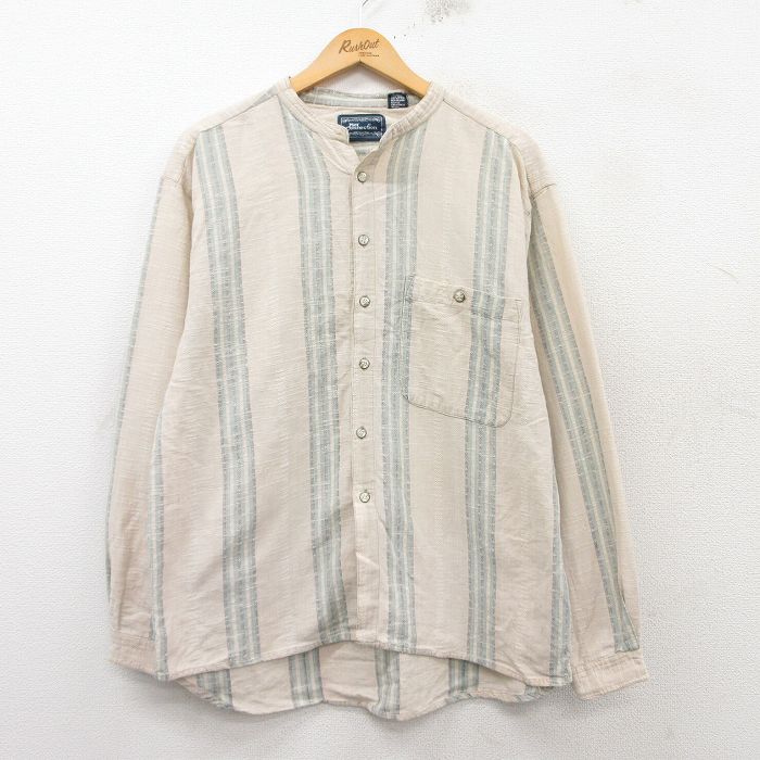 M★古着 長袖 シャツ メンズ ノーカラー ベージュ他 カーキ ストライプ 25feb10 中古 トップス