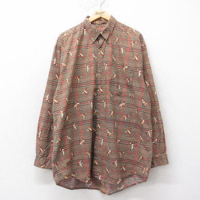 XL★古着 長袖 シャツ メンズ 90年代 90s 鳥 大きいサイズ ロング丈 コットン ボタンダウン 茶系他 ブラウン 【spe】 25feb15 中古 トップス