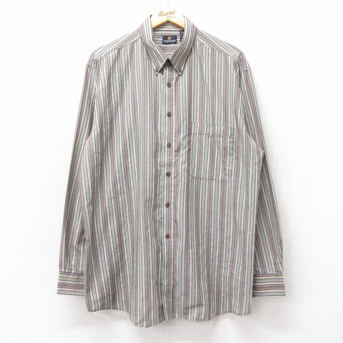 【50%OFF】XL★古着 ピューリタン 長袖 シャツ メンズ 00年代 00s ロング丈 ボタンダウン ベージュ他 カーキ ストライプ 25feb15 中古 トップス