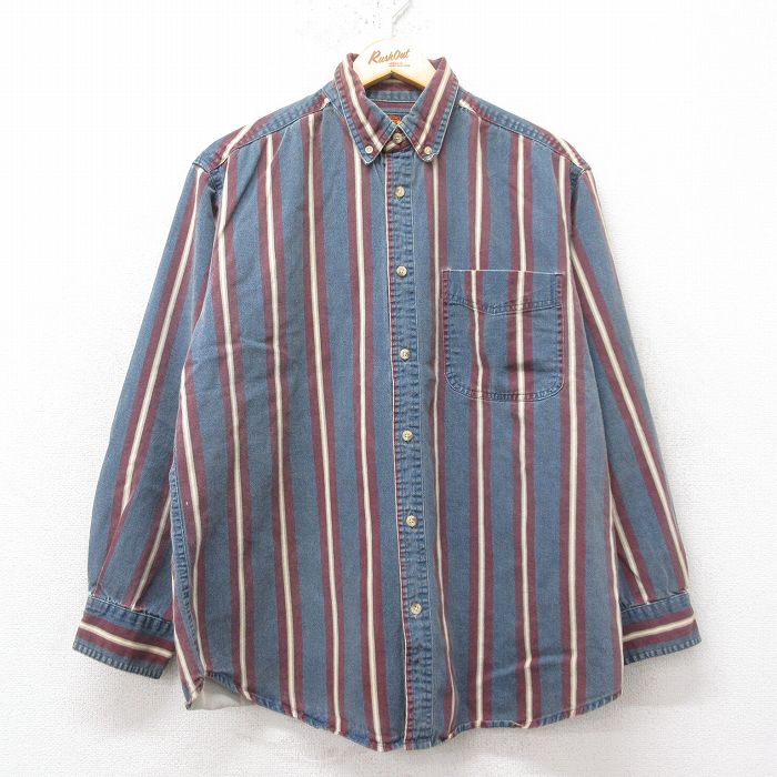 L★古着 ルート66 長袖 シャツ メンズ 00年代 00s ボタンダウン 薄紺他 ネイビー ストライプ 25feb15 中古 トップス