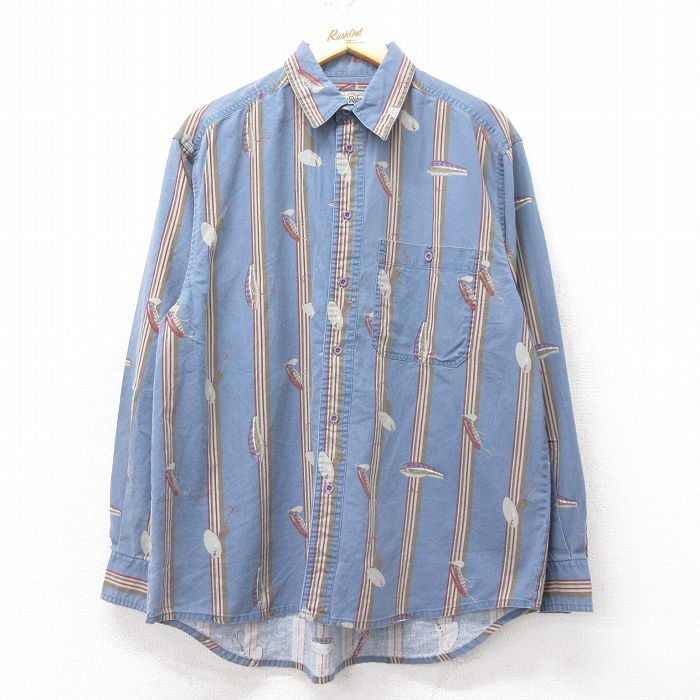 L★古着 ラングラー Wrangler 長袖 シャツ メンズ ルアー 薄紺他 ネイビー ストライプ 25feb15 中古 トップス