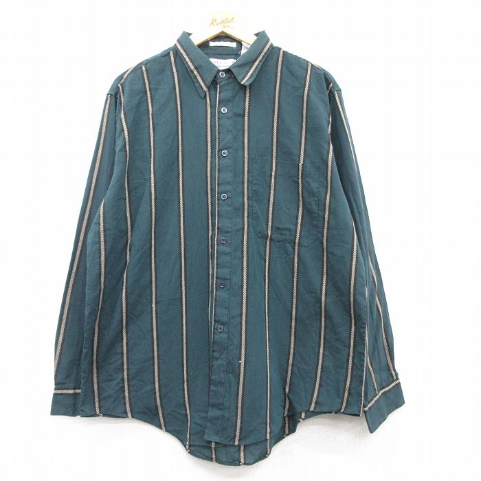 XL★古着 長袖 シャツ メンズ 00年代 00s ロング丈 緑他 グリーン ストライプ 25feb15 中古 トップス