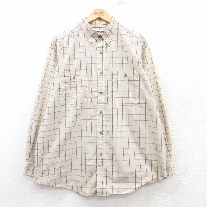 XL★古着 ラングラー Wrangler 長袖 シャツ メンズ 大きいサイズ ロング丈 コットン ボタンダウン ベージュ他 カーキ チェック 25feb15 中古 トップス