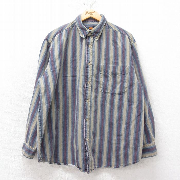 XL★古着 ルート66 長袖 シャツ メンズ 00年代 00s 大きいサイズ コットン ボタンダウン 紺他 ネイビー ストライプ 25feb15 中古 トップス