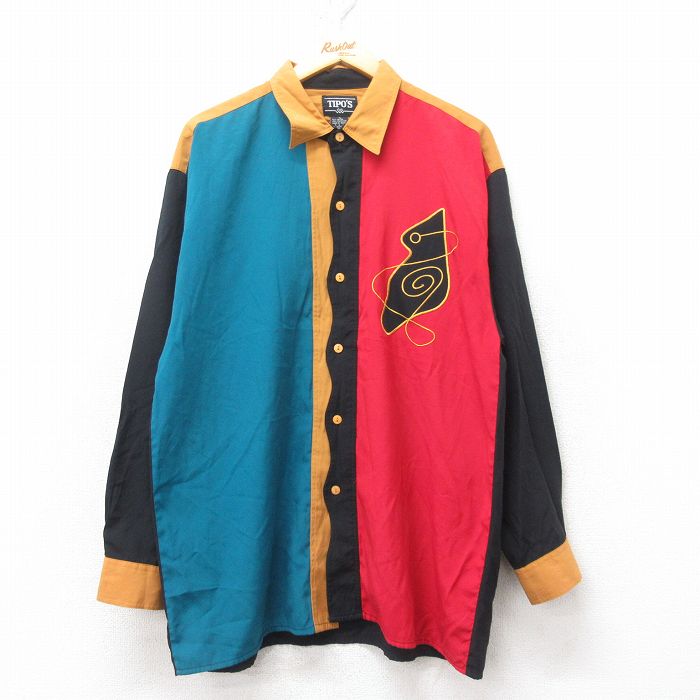 L★古着 長袖 シャツ メンズ 90年代 90s マルチカラー レーヨン 黒他 ブラック 【spe】 25feb15 中古 トップス