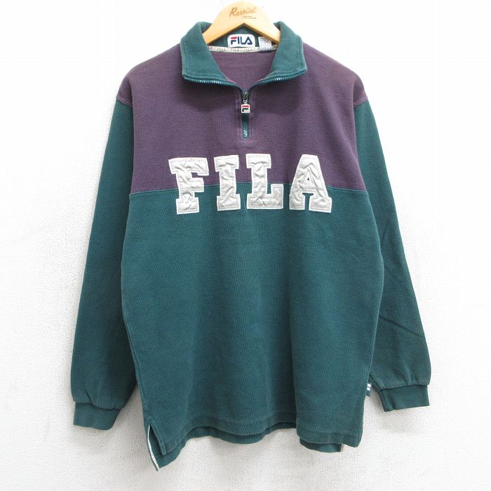 【50%OFF】フィラ 00s 長袖ハーフジップトップス ビッグロゴ グリーン M | 古着