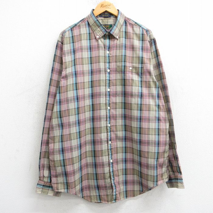 XL★古着 長袖 シャツ メンズ 00年代 00s ロング丈 ボタンダウン ベージュ系他 カーキ チェック 25feb17 中古 トップス