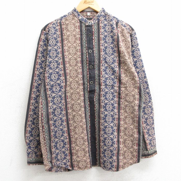 M★古着 長袖 シャツ メンズ 90年代 90s コットン ノーカラー USA製 茶他 ブラウン 25feb17 中古 トップス