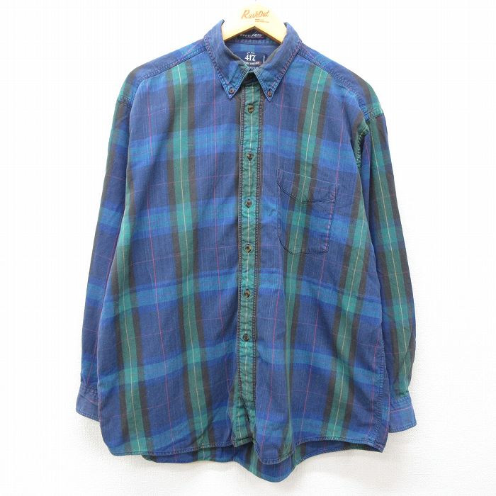 【50%OFF】XL★古着 バンヒューセン 長袖 シャツ メンズ 90年代 90s コットン ボタンダウン 青他 ブルー チェック 25feb17 中古 トップス
