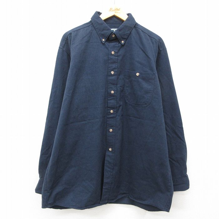 XL★古着 長袖 シャツ メンズ 90年代 90s 大きいサイズ ロング丈 コットン ボタンダウン 紺 ネイビー 25feb17 中古 トップス