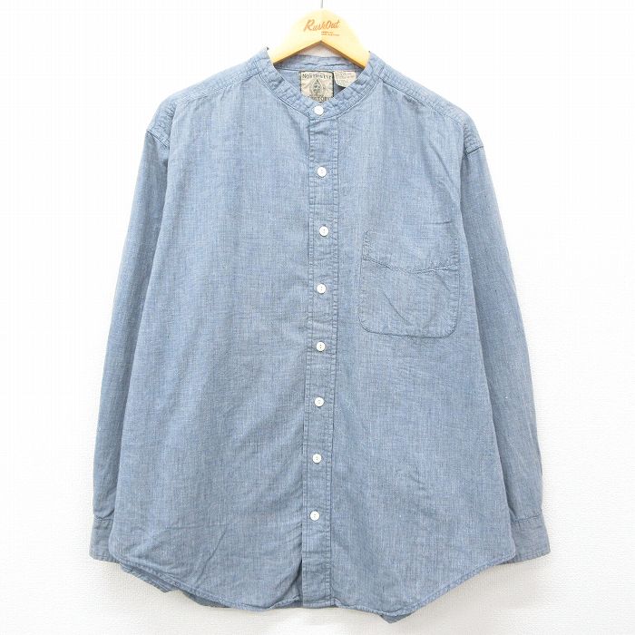 XL★古着 長袖 シャツ メンズ 90年代 90s コットン ノーカラー 薄紺 ネイビー 25feb17 中古 トップス
