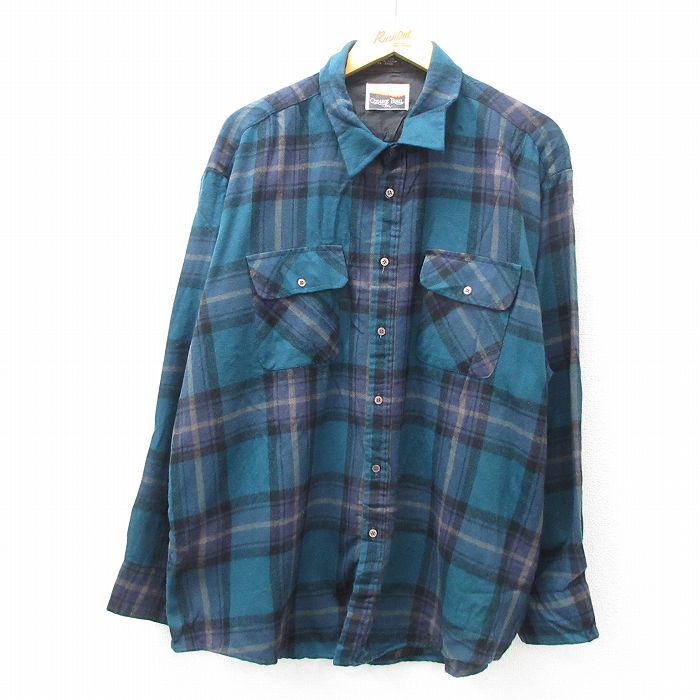 XL★古着 長袖 シャツ メンズ 90年代 90s 緑 グリーン チェック 25feb19 中古 トップス