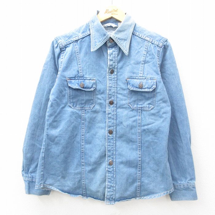 M★古着 長袖 シャツ メンズ 80年代 80s コットン 紺 ネイビー デニム 25feb21 中古 トップス