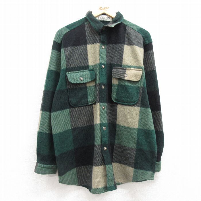 XL★古着 ビューグルボーイ 長袖 フリース シャツ メンズ 90年代 90s 緑他 グリーン チェック 25feb21 中古 トップス